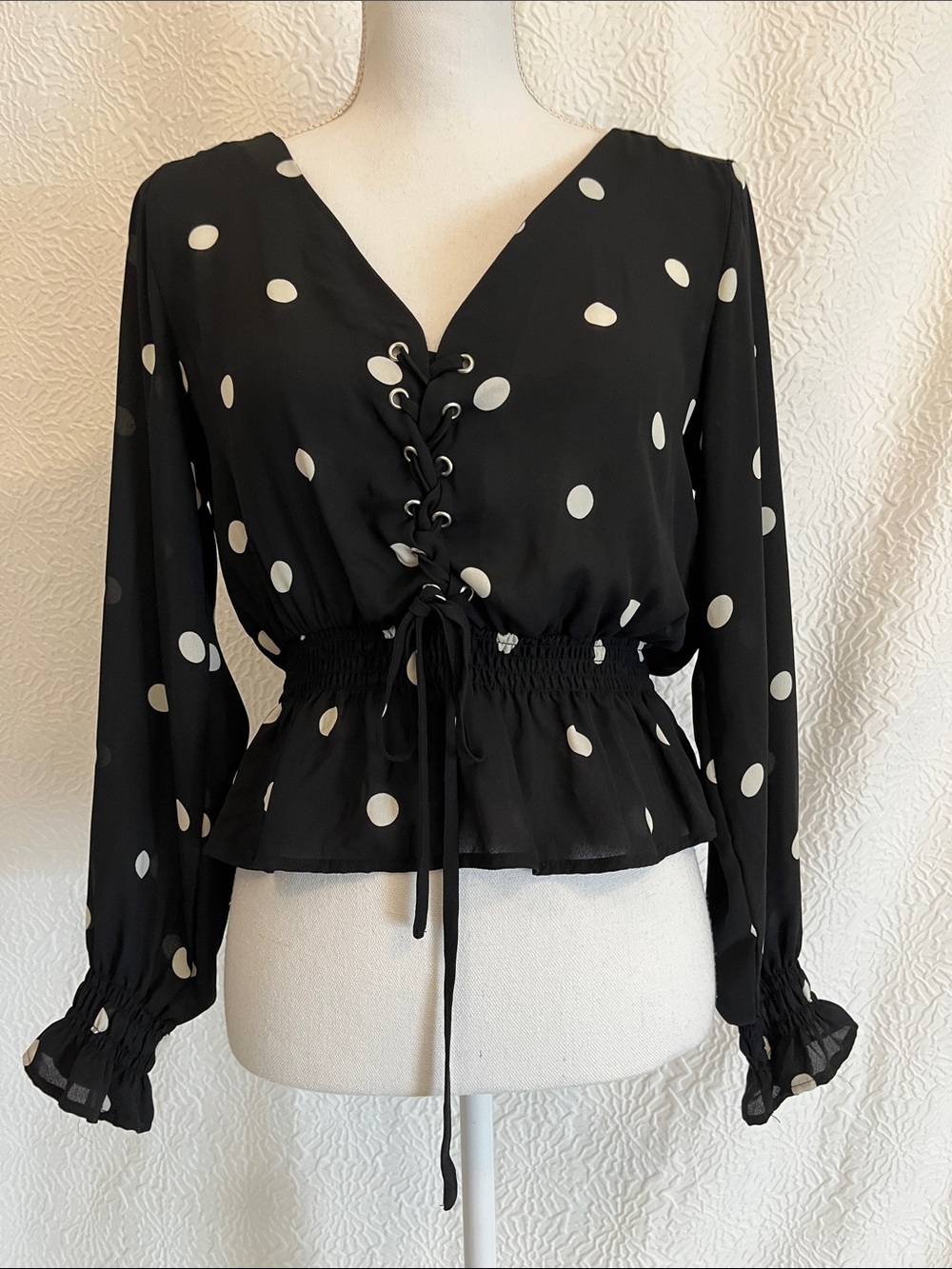 Divided Black & White Polka Dot Lace-Up Peplum Blouse
